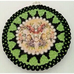 Decorative Decoupaged Bird Pattern Plate Wall Hanging Black Lacey Accents